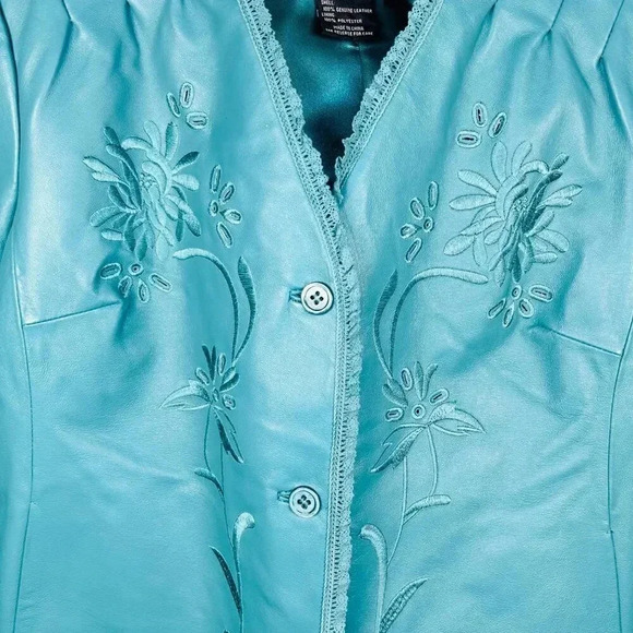 Vintage Terry Lewis Size Large Leather Coat Embroidered Eyelet Ruffle Teal - Picture 7 of 16